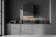 © ImageFlow - Front view on dark kitchen room interior with panoramic window