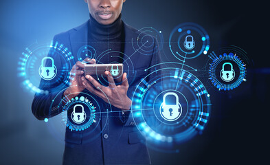 Poster - Black businessman using tablet, cybersecurity hud and data protection