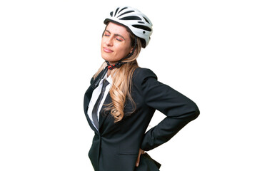 Wall Mural - Business Uruguayan woman wearing a helmet biker over isolated background suffering from backache for having made an effort