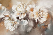 Oil painting with flower rose, peonies, gold leaves. Botanic print background on canvas -  floral triptych In Interior, art.