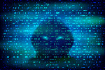 Hacker silhouette on the blue background with binary code textur