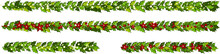 Christmas Decorations With Red Poinsettia Flowers And Holly Leaves And White Berries. Horizontal Garlands