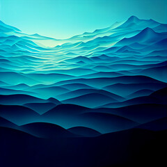 Wall Mural - The waves curve around like mountains and sea waves in blue tones.