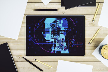 Poster - Top view of modern digital tablet monitor with creative artificial Intelligence symbol. Neural networks and machine learning concept. 3D Rendering