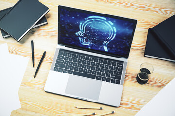 Poster - Creative artificial Intelligence concept with human head hologram on modern laptop screen. 3D Rendering