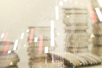 Poster - Multi exposure of virtual creative financial graph and world map on stacks of coins background, forex and investment concept