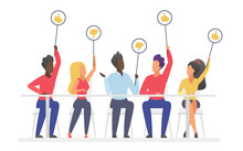 Diverse Committee Of Jury Holding Thumb Up Or Down Round Signs After Contest Or Competition. Cartoon People Rate Experience And Judge, Sitting At Table Flat Vector Illustration. Evaluation Concept