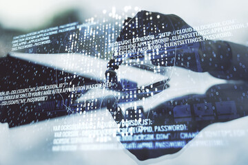 Poster - Creative code skull sketch and hand working with a digital tablet on background, theft of personal data and malware concept. Multiexposure