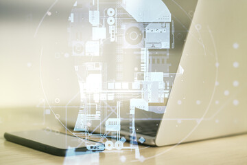 Poster - Double exposure of creative human head microcircuit with computer on background. Future technology and AI concept