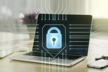 Poster - Double exposure of creative lock hologram with chip on laptop background. Information security concept