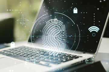 Aufkleber - Multi exposure of abstract fingerprint scan interface on computer background, digital access concept