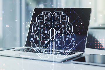 Poster - Creative artificial Intelligence concept with human brain hologram on modern laptop background. Multiexposure