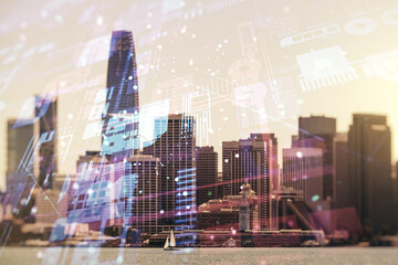 Poster - Multi exposure of abstract programming language hologram on San Francisco office buildings background, artificial intelligence and machine learning concept