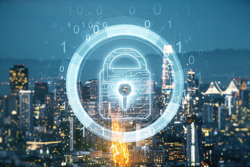 Poster - Double exposure of virtual creative lock hologram with chip on San Francisco city skyscrapers background. Information security concept