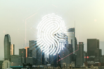 Aufkleber - Multi exposure of virtual fingerprint scan interface on Los Angeles office buildings background, digital access concept