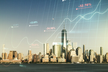 Poster - Multi exposure of abstract virtual graphic data spreadsheet sketch on Manhattan cityscape background, analytics and analysis concept