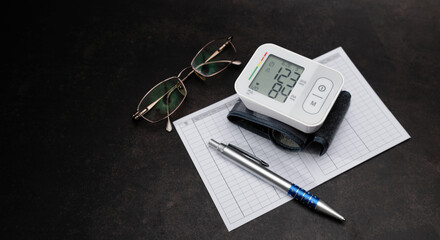 Wall Mural - Automatic digital wrist blood pressure monitor, pressure monitoring chart, pen, glasses on black background