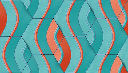 Wall Mural - 3D illustration.Geometric seamless 3D pattern in azure and orange colors shapes. Hexagon geometric mosaic.