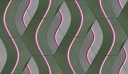Wall Mural - Geometric seamless 3D pattern in green with pink and gray elements. Waves series. 3d illustration.