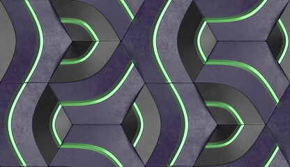 Wall Mural - Geometric seamless 3D pattern in green with gold and black elements. Centric series. 3d illustration.