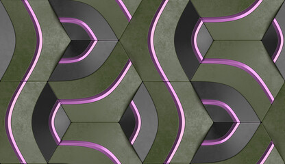 Wall Mural - Geometric seamless 3D pattern in dark green with pink and black elements. Centric series. 3d illustration.
