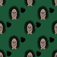 Wall Mural - Seamless pattern with a hedgehog character with a bag. Hedgehog in the fog. Flat background with hedgehogs.