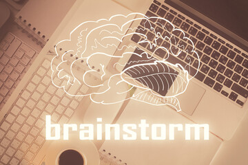 Poster - Start up theme drawing over computer on the desktop background. Top view. Double exposure. Brainstorm concept.