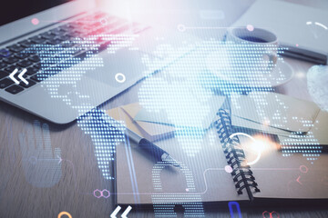 Poster - Double exposure of map drawing and desktop with coffee and items on table background. Concept of global data.