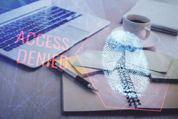 Aufkleber - Double exposure of fingerprint drawing and desktop with coffee and items on table background. Concept of security.