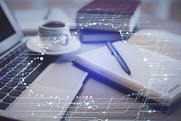Aufkleber - Double exposure of technology theme drawing and desktop with coffee and items on table background. Concept of data research.