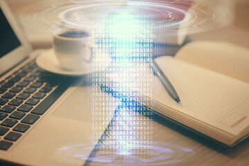 Poster - Double exposure of technology theme drawing and desktop with coffee and items on table background. Concept of data research.