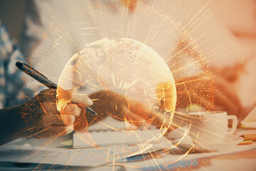 Aufkleber - Double exposure of social network theme drawing over people taking notes background. Concept of human connection
