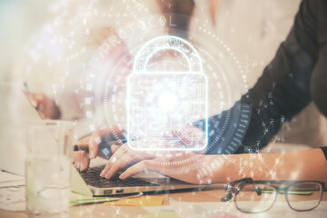 Aufkleber - Double exposure of woman hands working on computer and lock hologram drawing. Security concept.