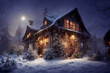 Hell erleuchtetes Haus in winterlicher Dunkelheit, mafde by AI, künstliche Intelligenz