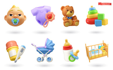 Baby cartoon 3d vector icon set. Child, clothes, bear, toys, medicine, stroller, baby food, cradle
