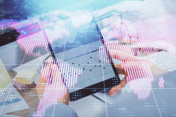 Poster - Double exposure of man's hands holding and using a phone and international business theme drawing.