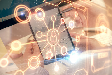 Poster - Double exposure of man's hands holding and using a phone and social network theme drawing.