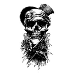 Pirate skull in pirate hat, sketch vector illustration, Vintage skull for t-shirt or poster design. Stylish jolly roger icon illustration.