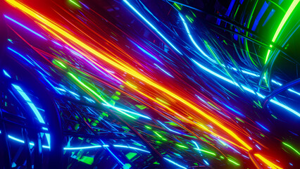 Wall Mural - Flying inside multicolored optical cables. 3D rendering illustration.