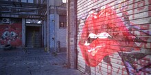 Graffiti Of Large Red Female Lips On The Gate Of A Brick House. Empty Street Of A Futuristic City. Scene In Cyberpunk Style. Photorealistic 3D Illustration