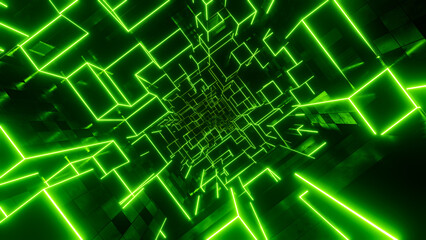 Canvas Print - Flying through a tunnel of green neon cubes. 3D rendering illustration