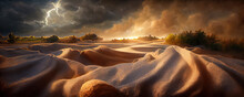 Dramatic Sand Storm In Desert, Thunderstorm, Lightning. Abstract Background. Digital Art.	