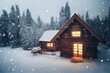 forest winter cabin in snow and lights from inside 3d illustration with copy space