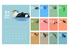 Calendar 2023 , Calendar Birds Design , Color Background Week Start Sunday Template Vector.