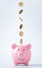 Wall Mural - Isolated of coins dropping to pink piggy bank saving for deposit banking of investment , retirement to get profit and interest concept.