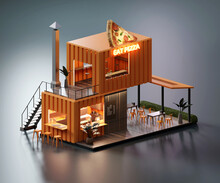 Isometric View Minimal Pizza Restaurant Container Store Exterior Architecture, 3d Rendering Digital Art.