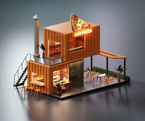 Poster - Isometric view minimal pizza restaurant container store exterior architecture, 3d rendering digital art.