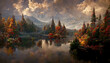 AI generated image of a beautiful landscape with autumn forest, a lake and hills 