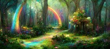 Fantasy Forest With Rainbow. Fantasy Scenery. 