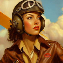 Wall Mural - Pin up girl illustration - WW2 pilot - digital render - non existent person - generative AI